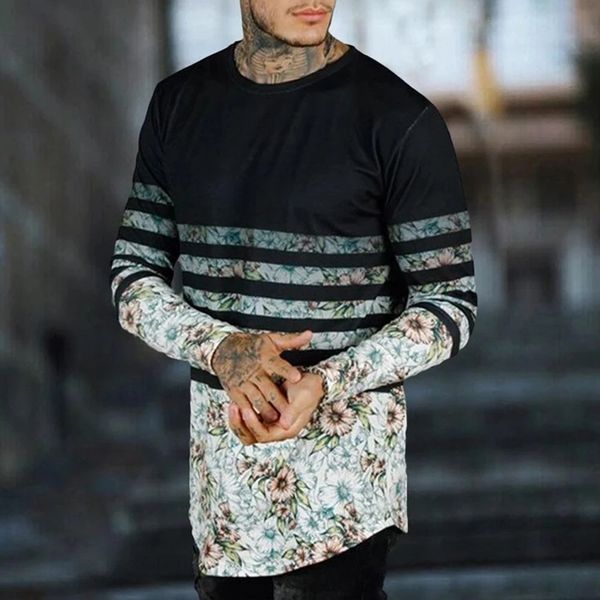 

loose mens desugner tshirts long sleeve pullover print crew neck tees fashion striped panelled male clothing, White;black