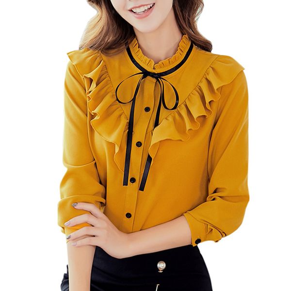 

fashion temperament business women shirt work office long sleeve bow tie ruffles solid chiffon ladies blouse shirt may 15, White