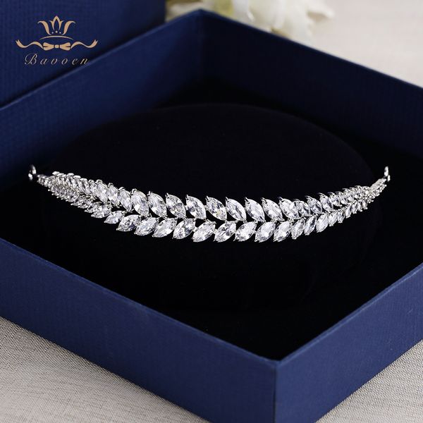 

bavoen elegant leaves clear zircon wedding tiaras hairbands crystal brides hair accessories evening hair jewelry birthday gifts, Golden;white