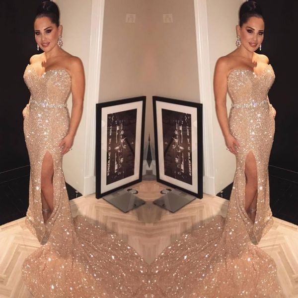 

2019 sequins mermaid prom dresses sweetheart beads side split sleeveless open back sweep train formal party dress pageant evening gowns, Black