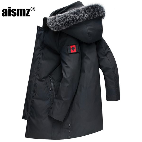 

aismz 2019 russia canada winter men's business casual thick warm hooded 90% white duck down jacket luxury quality long down coat, Black