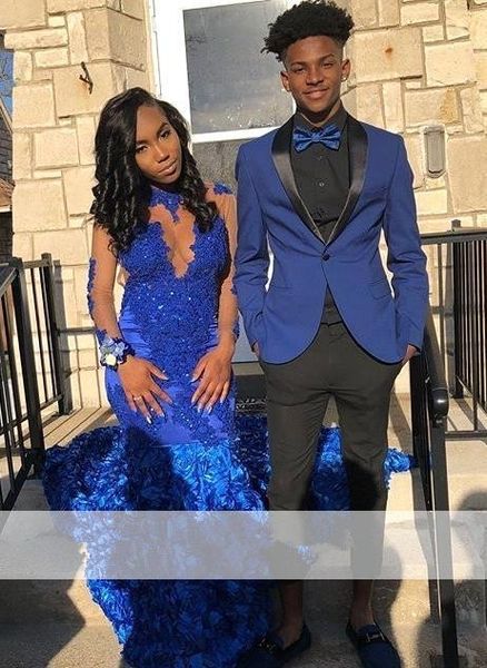 

royal blue lace mermaid prom dresses 2019 sheer long sleeves tulle applique 3d floral sweep train formal party evening wear gowns bc1217, Black