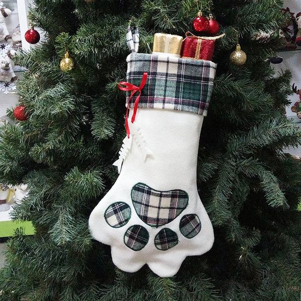 

christmas decoration plaid snowflake gift storage sock christmas dog paw stockings xmas tree ornaments kids candy storage sock bh2612 tqq