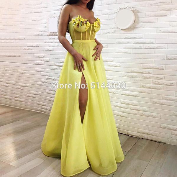 

yellow muslim evening dresses 2019 a-line sweetheart tulle flowers slit islamic dubai saudi arabic long formal evening gown, White;black