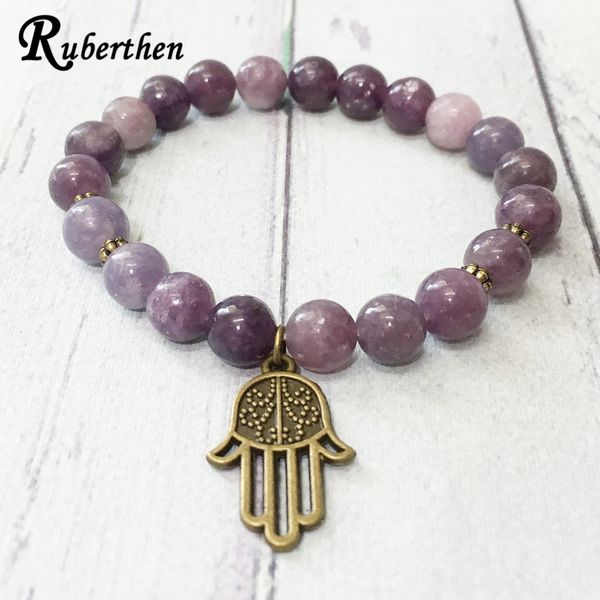 

ruberthen natural 8 mm lepidolite female bracelet third eye chakra hamsa bracelet feminine energy spirituality, Black