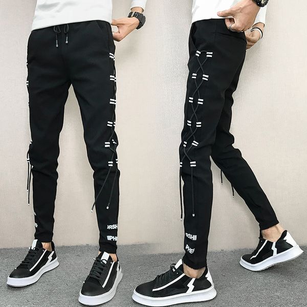 

casual pencil pants men's summer slim thin ankle length pants men's fashion new skinny youth personality casual, Black