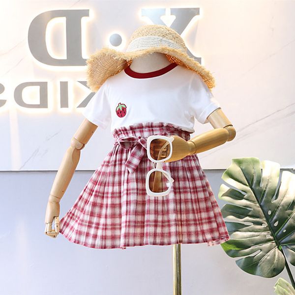 

toddler kids baby girl princess t shirt floral plaid party skirt clothes set, White