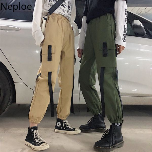 

neploe harajuku women pants spring 2020 stretch waist pockets long trousers loose korean beam feet female cargo pants 80599, Black;white