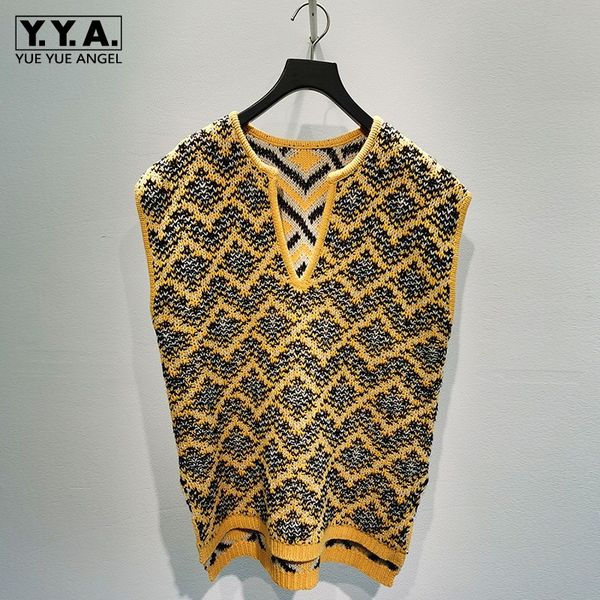 

fashion mixed color loose vest women england plaid knitting sleeveless jacket v-neck slim pullover yellow waistcoat female, Black;white