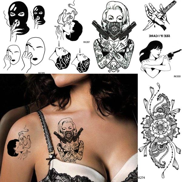 Acheter New Old School Tatouage Temporaire Femmes Sexy Punk Filles Pistolet Transfert De Leau Adultes Bras Tatouages Fumer Noir Maquillage Faux