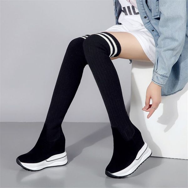 

women black genuine leather over the knee boots stocking thigh high riding boots wedges high heel long pumps shoes