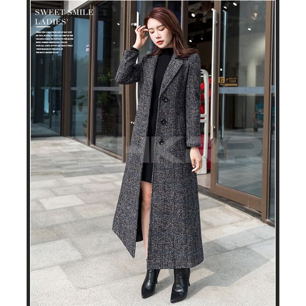 

cxhkrr 2019 осенью и зимой женщин новый ретро большой размер отворота длинная шерсть пальто дамы x-длинные клетчатые пальто, Black