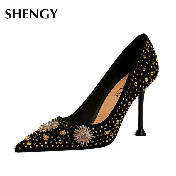 

2020 casual nightclub crystal bling thin high heels women shallow fashion high heels 9.5cm pumps party shoes, Black