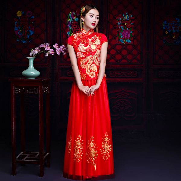 

simple red women full length hanfu marriage dress traditional elegant bride wedding cheongsam embroidery phoenix tang suit 3xl