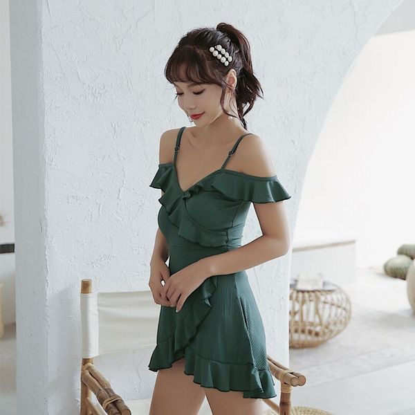 

green swimsuit women swimming dress spring baths wear holiday beachwear student one piece swimwear sweet swim set, Blue;gray