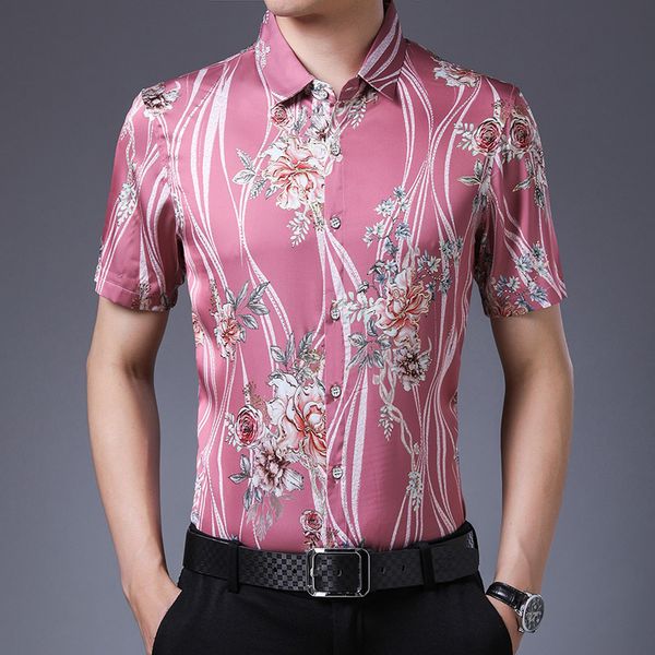 

summer 2020 for mens satin shirts pink flowers printed plus size clothing fashion mens shirts 2020 silk regular fit, White;black