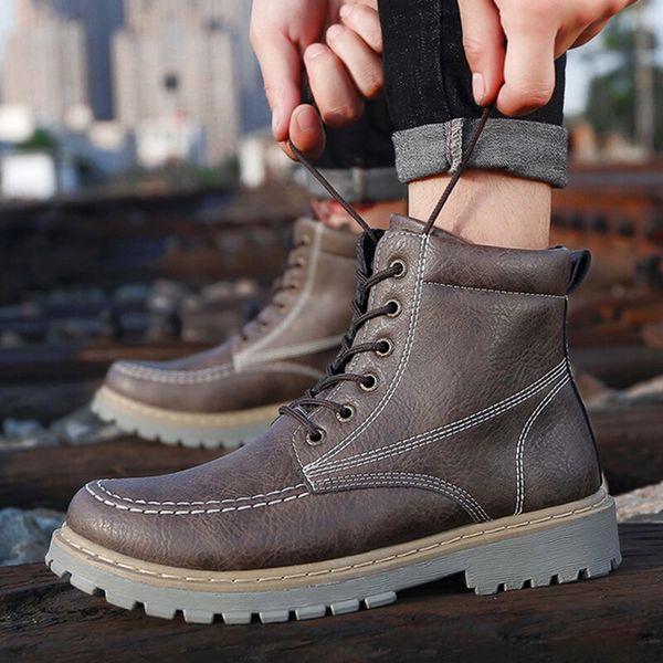 

2019 leather ankle boots autumn winter men's boots fashion motorcycle outdoor working snow men shoes, Black