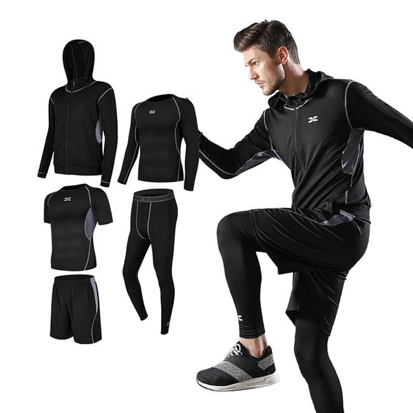 

quick fitness tights running set mens sports suits short sleeve t-shirt sportwear comprehensive training suit men jogging kg-370, Black;blue