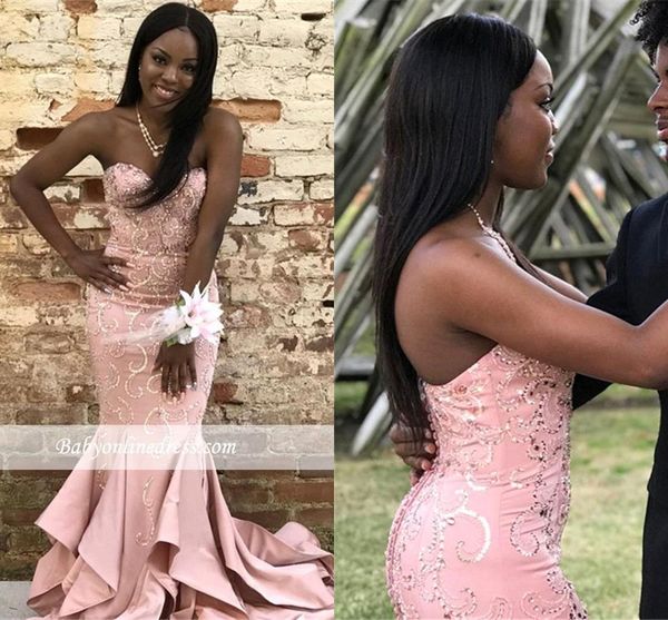 

african black girls pink mermaid long prom dresses 2019 sweetheart satin lace sequins evening party gowns custom made bc1851