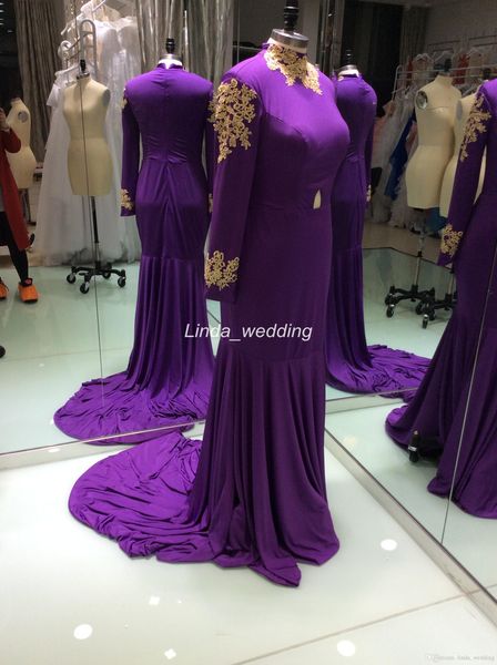 2019 Foto reali Abito da ballo viola Nuovo design Maniche lunghe Applique Abito da festa con collo alto Custom Made Plus Size