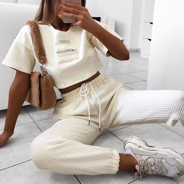

women tracksuit two-piece suits solid patchwork round neck short t shirt+long pants women autumn street sets, White