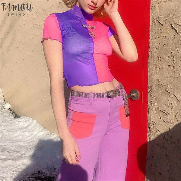 

summer womens casual see through sheer mesh crop short sleeve turtleneck slim spliced color party clubwear t shirts, White