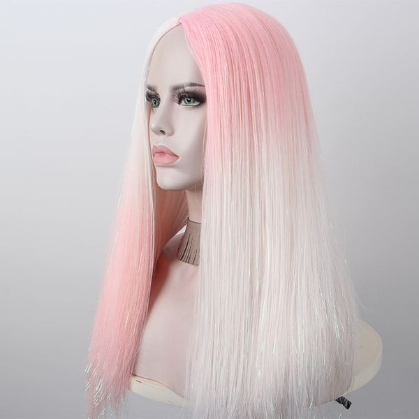 

anxin 2020 new wave curly hair and straight hair stitching color wig high temperature silk synthetic wig anime cosplay party, Black