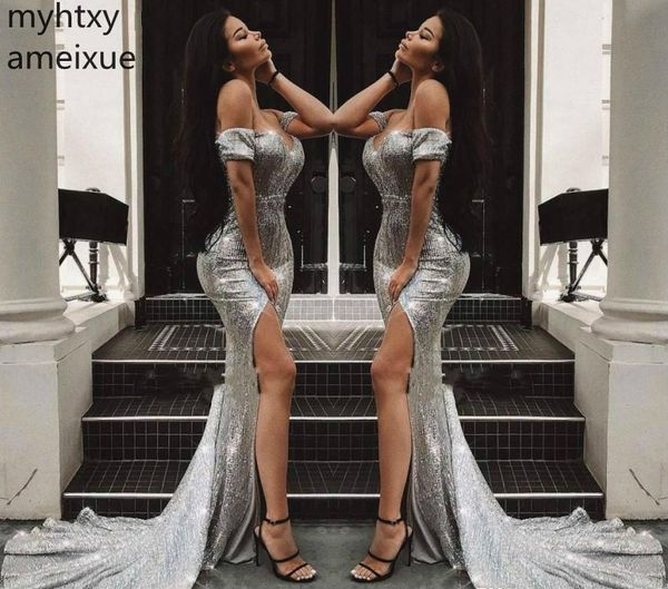 

2019 silver gray sequined split evening dresses mermaid split formal women holiday wear party gowns plus size custom made, White;black