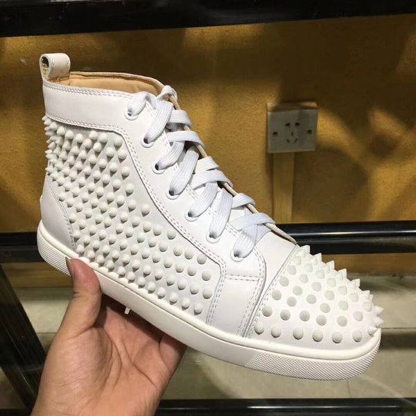 

casual designer fashion women men white leather studded gold spikes flats lace up high shoes boots, Black