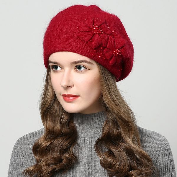 

angora beret women winter hat knit beanie warm flower pearl casual soft classic thermal outdoor accessory caps, Blue;gray