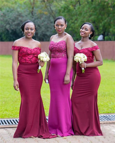 

fuchsia mermaid bridesmaid dresses vintage lace appliqued off shoilder prom evening gown sheath maid of honor dress bm1564, White;pink
