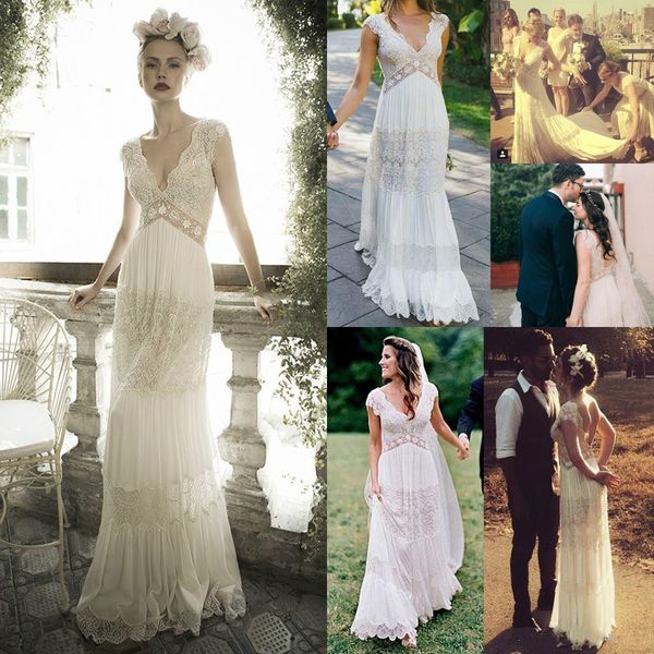 

vintage lihi hod wedding dresses sheer deep v neck backless bohemia lace applique 2020 wedding gowns chiffon court train long bridal dress, White