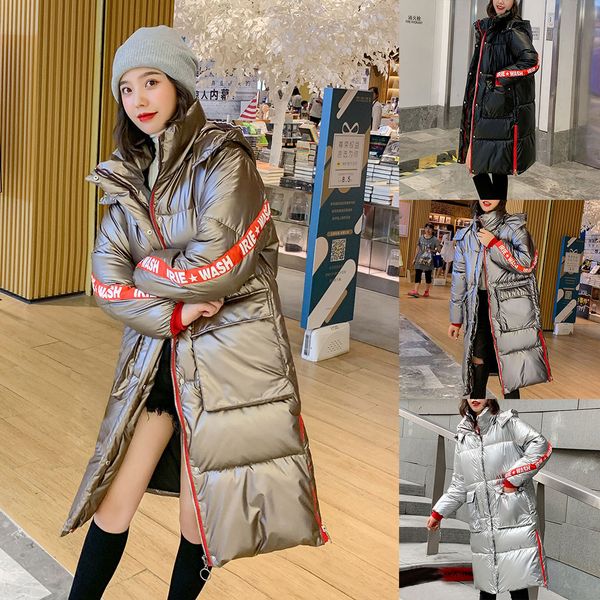 

2019 new winter coat women warm thicken hooded long coat windproof bright surface diamond shining fabric stylish female parka, Black