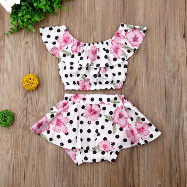 

2020 new stylish newborn baby girl clothes flower print polka dot crop tutu short pants 2pcs outfits summer, White