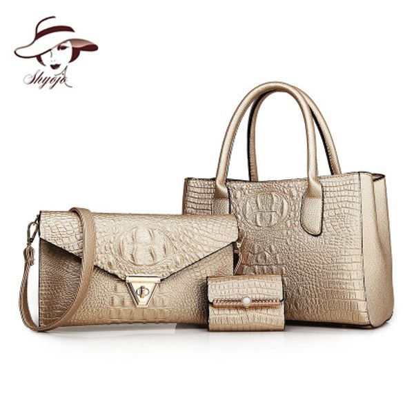 

famous 2019 fashion alligator women bags 3 pieces set composite bag ladies leather handbags female crossbody tote