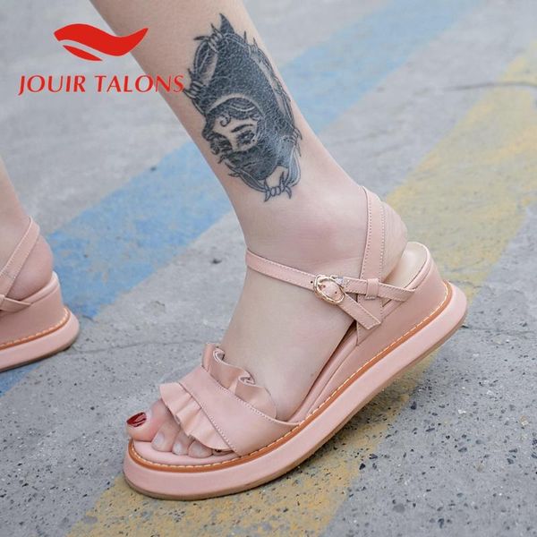 

jouir talons 2020 design genuine leather women sandals wedges platform peep toe ruffles pumps summer women shoes, Black