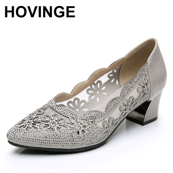 

hovingesummer hollow out genuine leather pumps med heels square retro point toe crystal mesh ladies office shoes zapatos demujer, Black