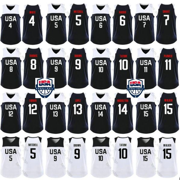 

2019 world cup usa team basketball kemba 15 walker 10 jayson tatum 5 donovan mitchell khris middleton joe harris 9 jaylen brown jerseys, Black;red