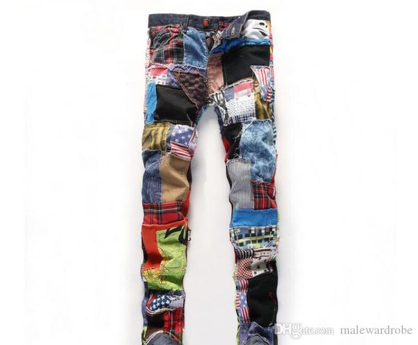 

new men ripped distressed slim fit elastic stretch patches male streetwear hiphop hole denim patchwork pants biker denim trousers