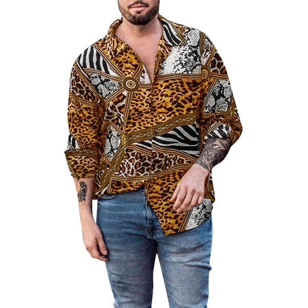 

klv shirt men's autumn loose casual daily leopard print print long sleeve shirt blouse leopard stitching fashion, White;black