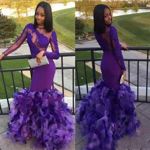 

purple charming mermaid prom dresses illusion long sleeves jewel sheer neck formal evening dresses sweep train zipper back party gowns, Black