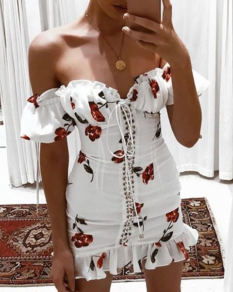 

women summer dress 2020 lace up strapless off the shoulder dress short sleeve holiday floral print ruffle beach white, Black;gray
