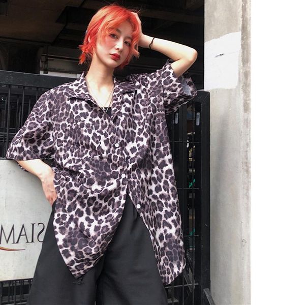 

summer streetwear hip hop punk short sleeve button contrast leopard blouse harajuku shirt korean blusas women man oversized, White