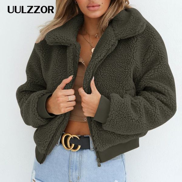 

uulzzor faux fur coat women 2019 winter warm zipper fur jacket female faux coat plush overcoat pocket casual teddy outwear, Black