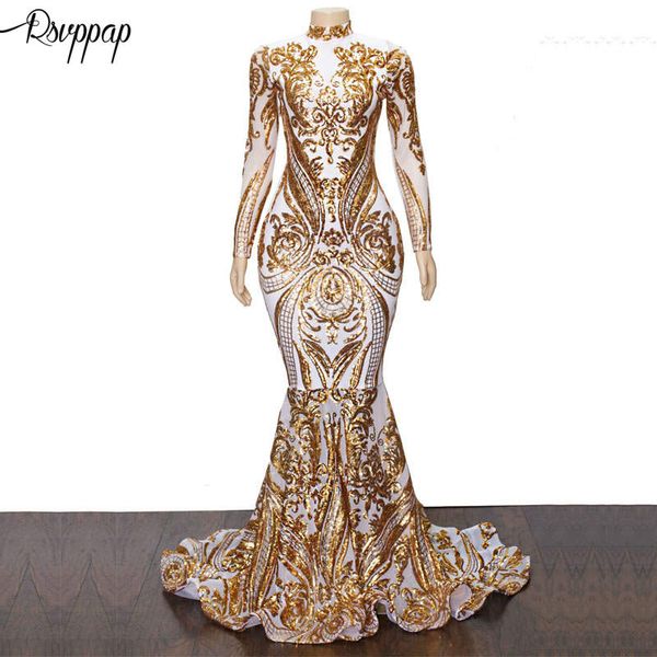 

long prom dresses 2019 sparkly high neck golden sequin white mermaid african women long sleeve party prom dress, White;black