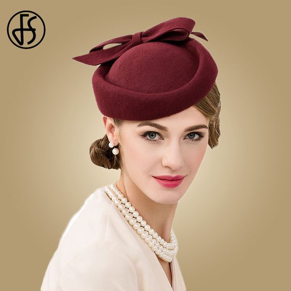 

fs british style wine red pillbox hat for women vintage 100% wool fedora wedding fascinators party ladies hats, Blue;gray