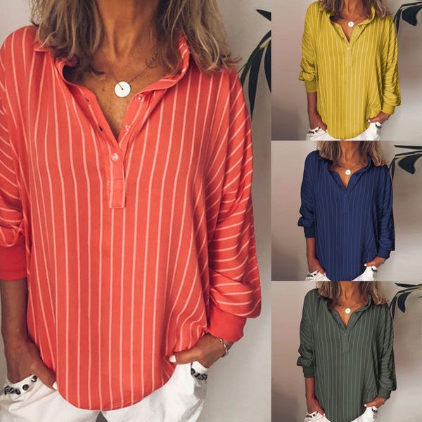 

shirt woman loose casual striped button lapel long sleeve shirts vintage blouse womens and blouses c0603, White
