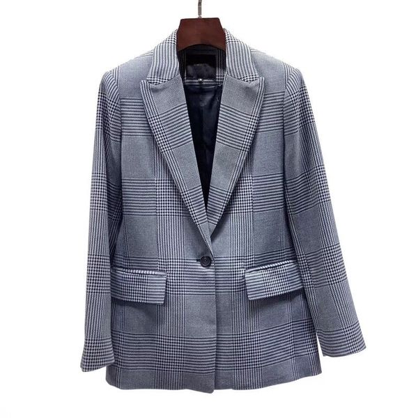 

brand fashion women's high-end luxury autumn houndstooth gray check blazer coat, White;black