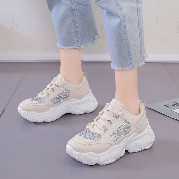 

lace up crystal leisure women vulcanize shoe platform sneakers women 2019 breathable mesh casual shoes female fashion sneaker, Black