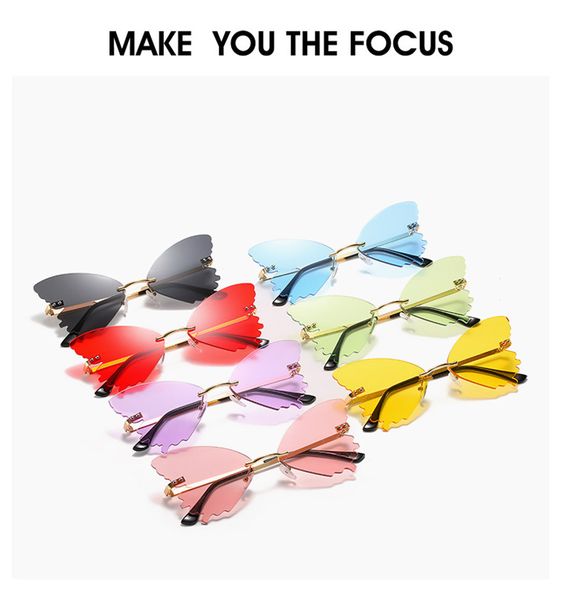 2020 Neue personalisierte Sonnenbrillen im Schmetterlingsstil Großhandel Damen Bunte Ozeanlinsen rahmenlose Sonnenbrillen im europäischen und amerikanischen Stil Glas